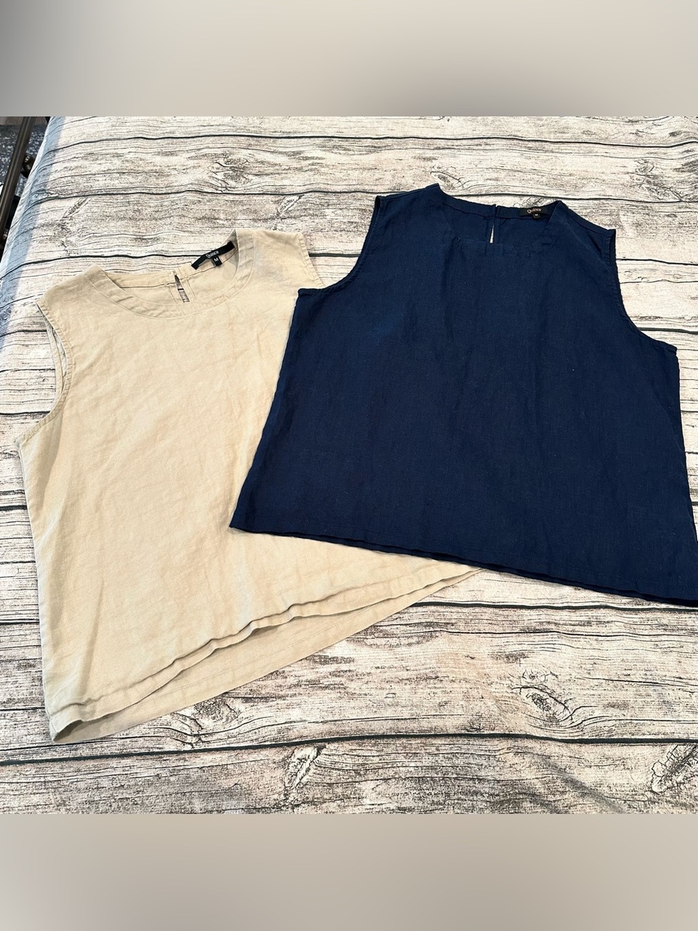 Lot of 2 Quince Linen Sleeveless Tops, Navy & Beige Both Size Medium
